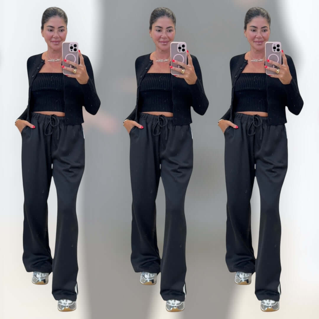 Side Stripe Wide-Leg Track Pants – Black – Alicia DiMichele Boutique
