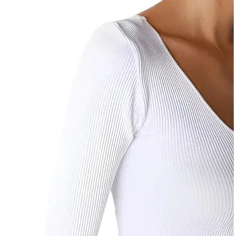 Ribbed 3/4 Sleeve V Neck Crop Top - White – Alicia DiMichele Boutique
