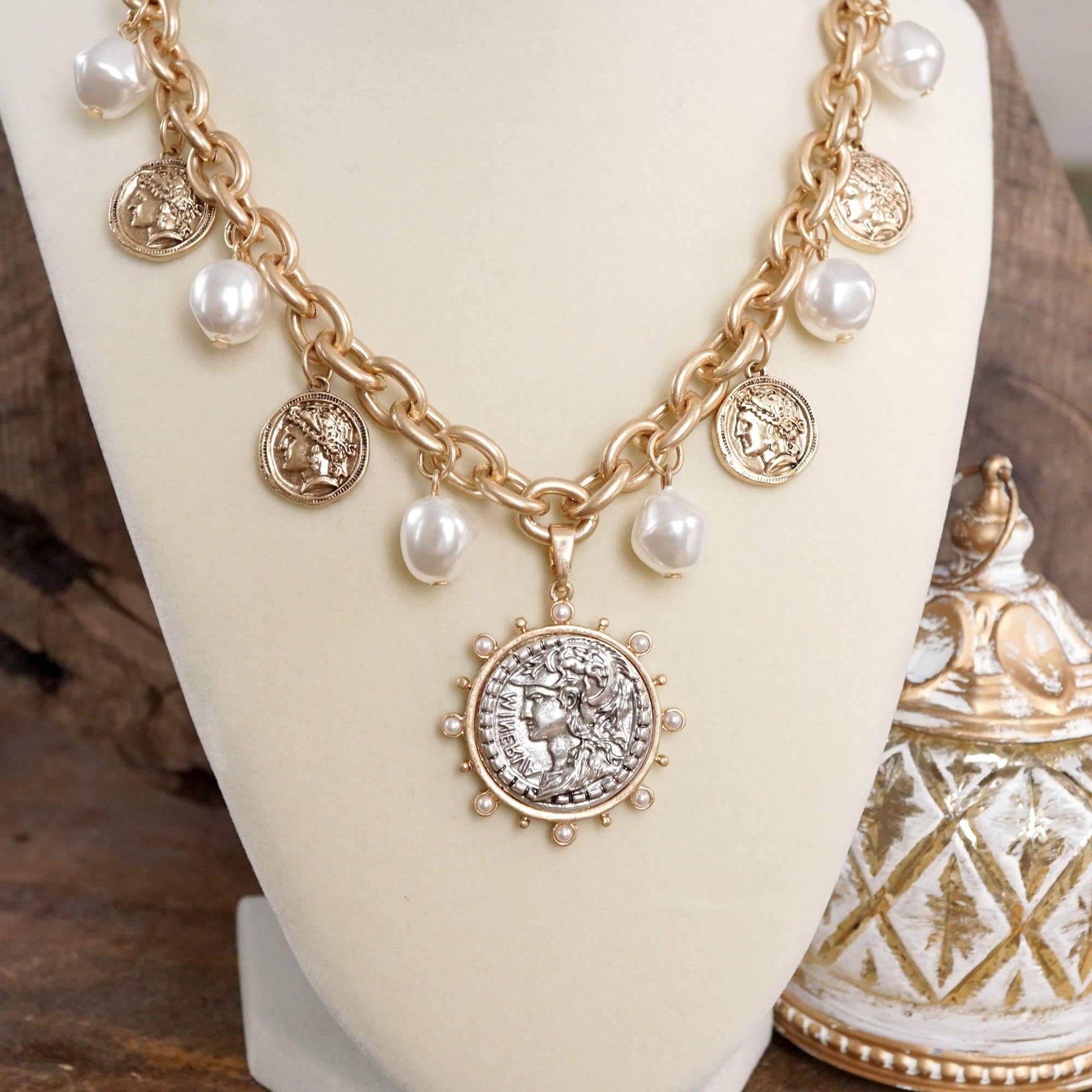 Silver Tone Pearl Coin Charm Necklace | Alicia DiMichele Boutique