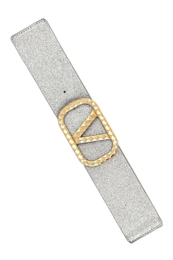 V Buckle Metallic Sparkle Elastic Belt - Silver – Alicia DiMichele Boutique