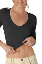 Ribbed 3/4 Sleeve V Neck Crop Top - Black – Alicia DiMichele Boutique