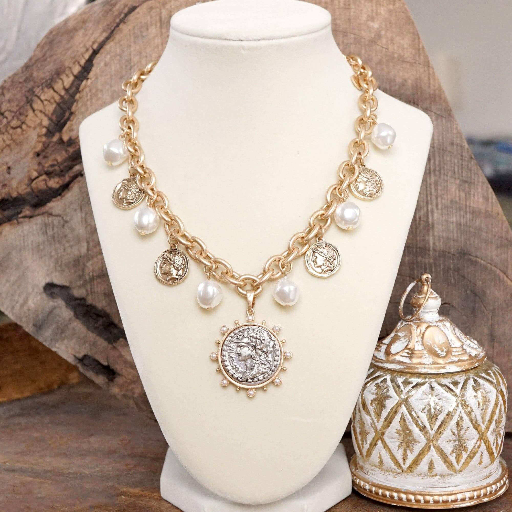 Silver Tone Pearl Coin Charm Necklace – Alicia DiMichele Boutique