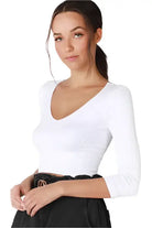 Ribbed 3/4 Sleeve V Neck Crop Top - White – Alicia DiMichele Boutique
