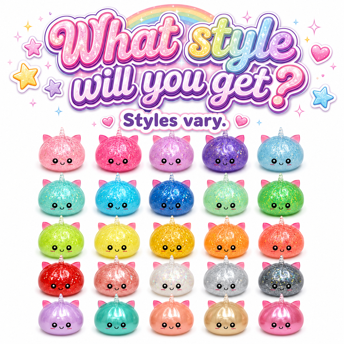 A promotional graphic showing rows of small glittery cat-face pouches or charms in many colors beneath the text 'What style will you get?' and 'Styles vary.' The products appear in pink, purple, blue, green, yellow, orange, red, white, silver, and other pastel and metallic shades on a white background with decorative stars and hearts.