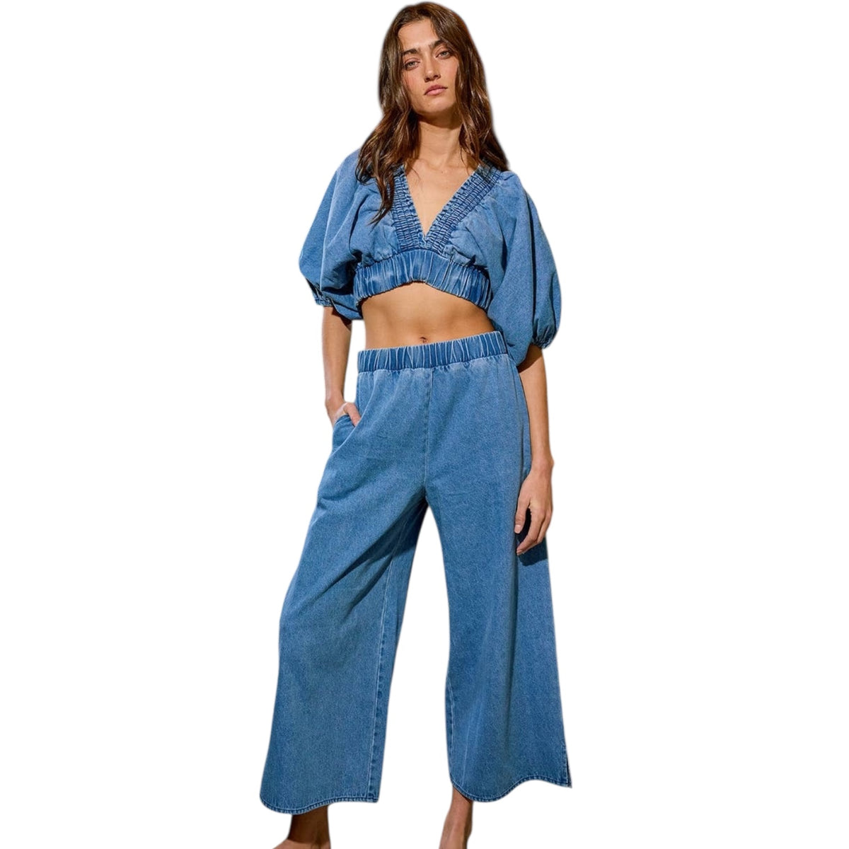 Denim Effect Elastic Strapless Top & Wide Pants Set main image 1