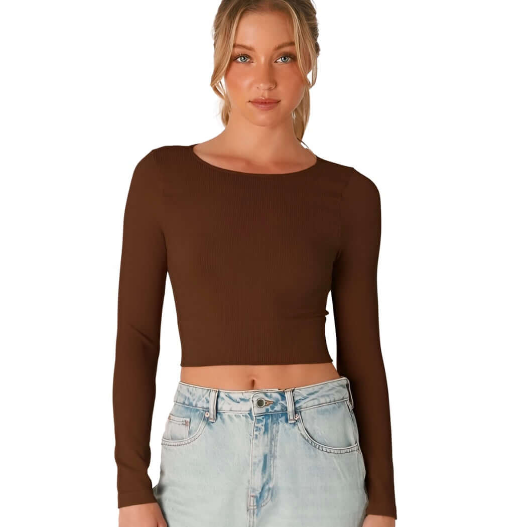 Ribbed Crew Neck Crop Top - Brown – Alicia DiMichele Boutique