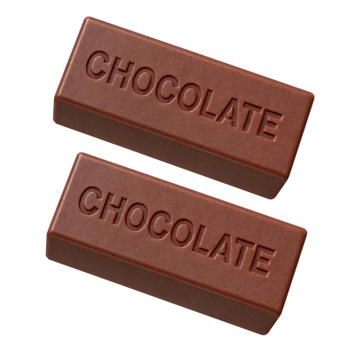 Two rectangular chocolate bar squishy toys with the word 'CHOCOLATE' embossed on top, shown on a plain white background.