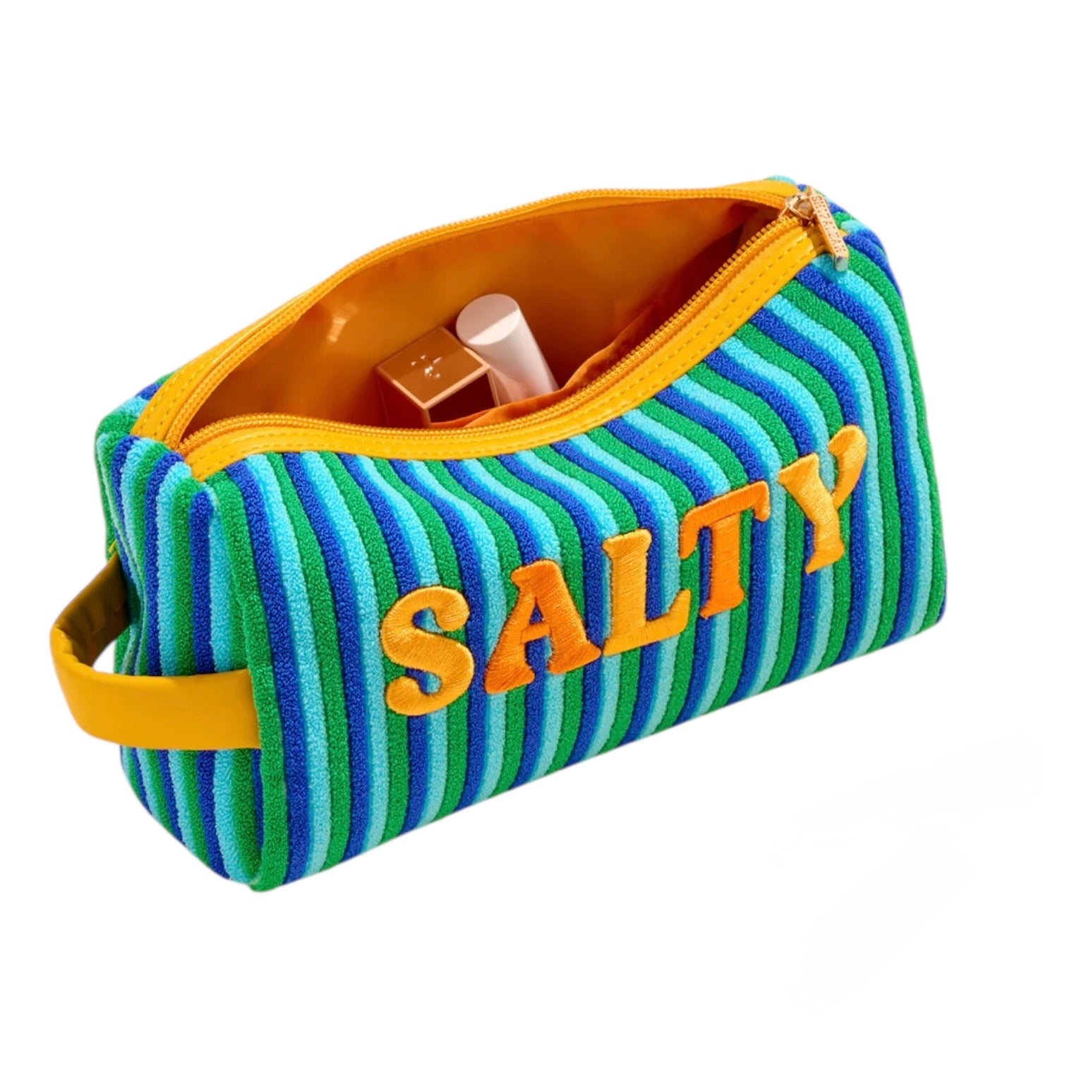 Striped pouch with 'SALTY' text on a white background
