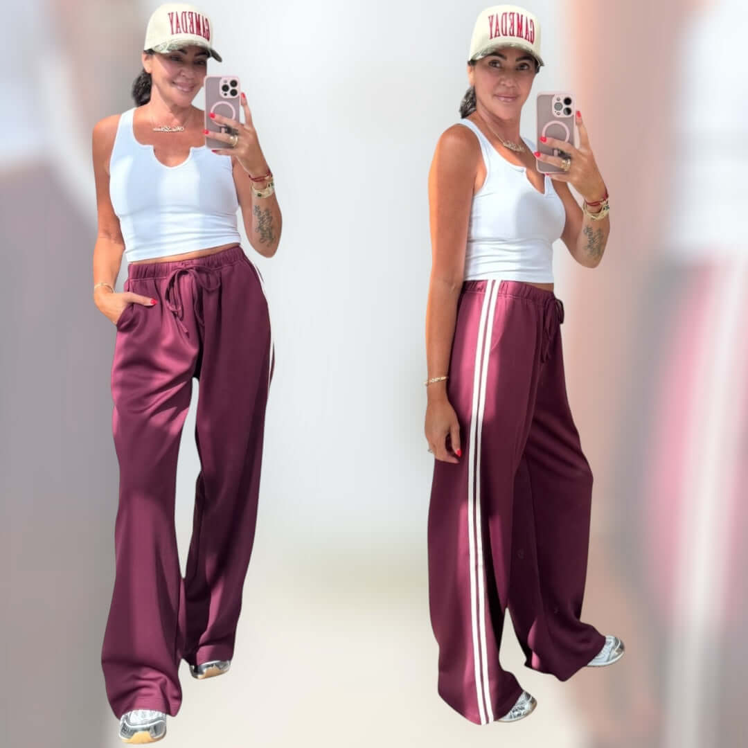 Side Stripe Wide-Leg Track Pants – Maroon – Alicia DiMichele Boutique
