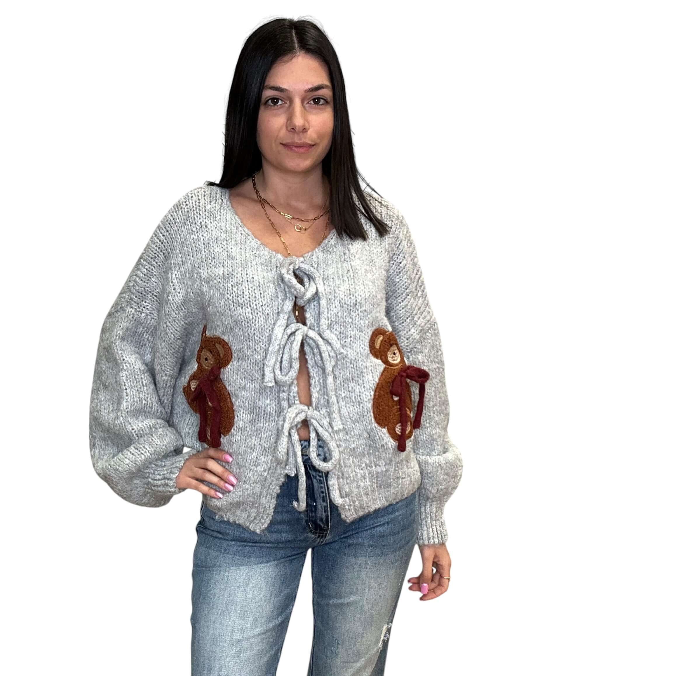 Bow Detailed Teddy Bear Cardigan - Grey – Alicia DiMichele Boutique