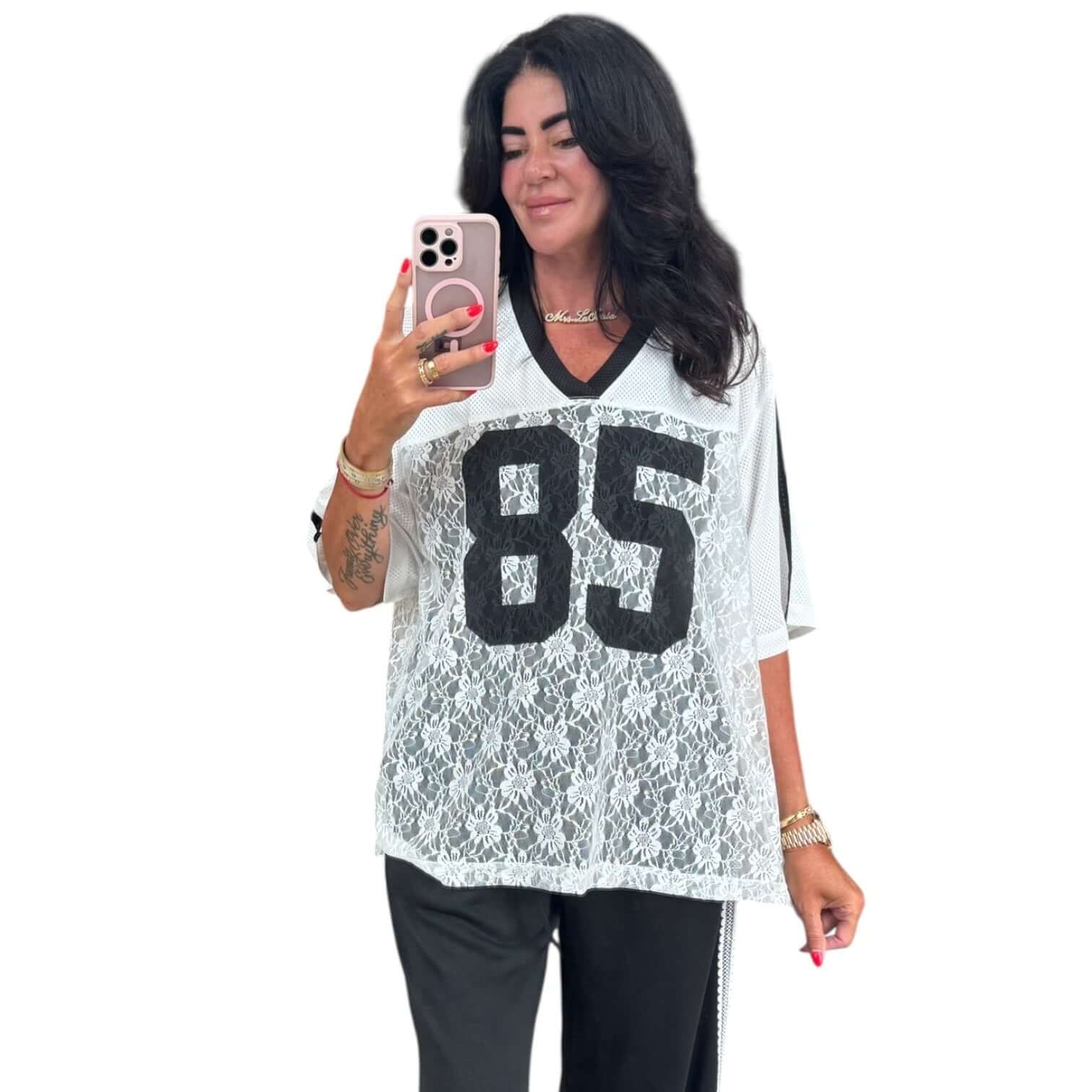 Sporty Chic Graphic Jersey Top – White – Alicia DiMichele Boutique
