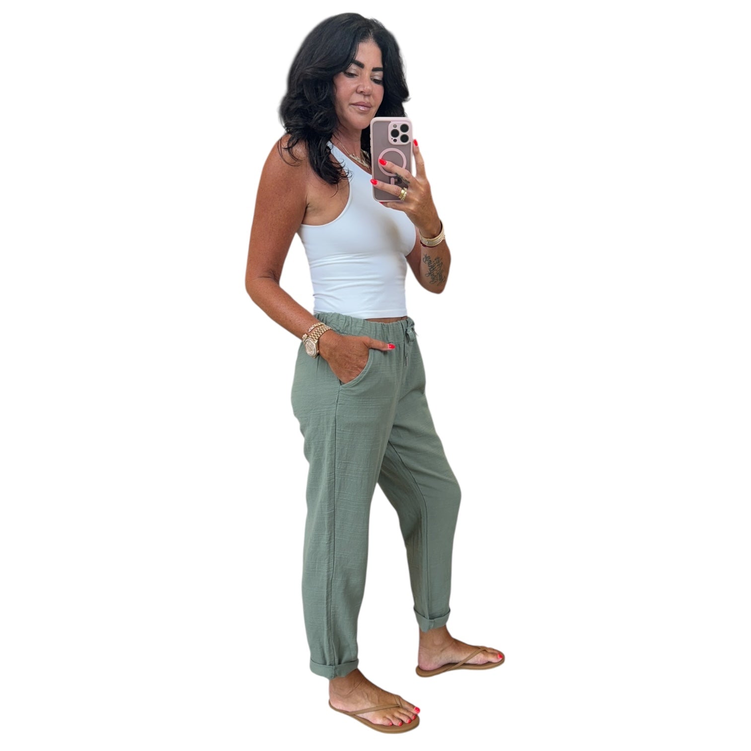 Italian Gauze Cotton Pants – Olive – Alicia DiMichele Boutique