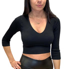 Ribbed 3/4 Sleeve V Neck Crop Top - Black – Alicia DiMichele Boutique