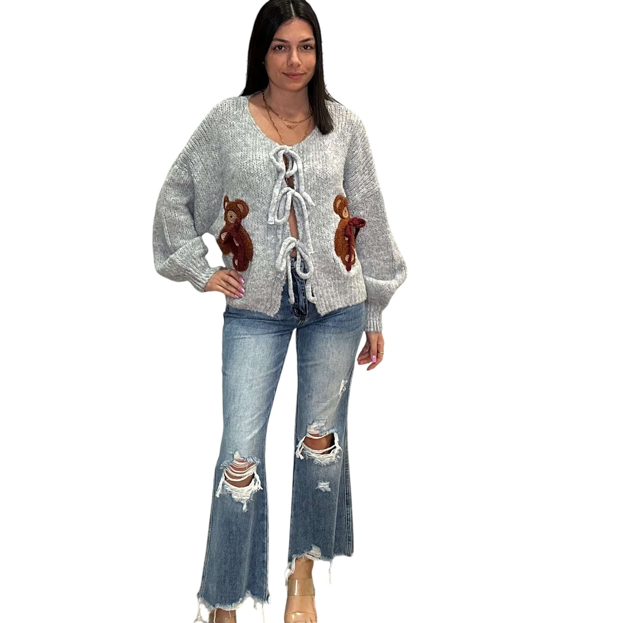 Bow Detailed Teddy Bear Cardigan - Grey – Alicia DiMichele Boutique