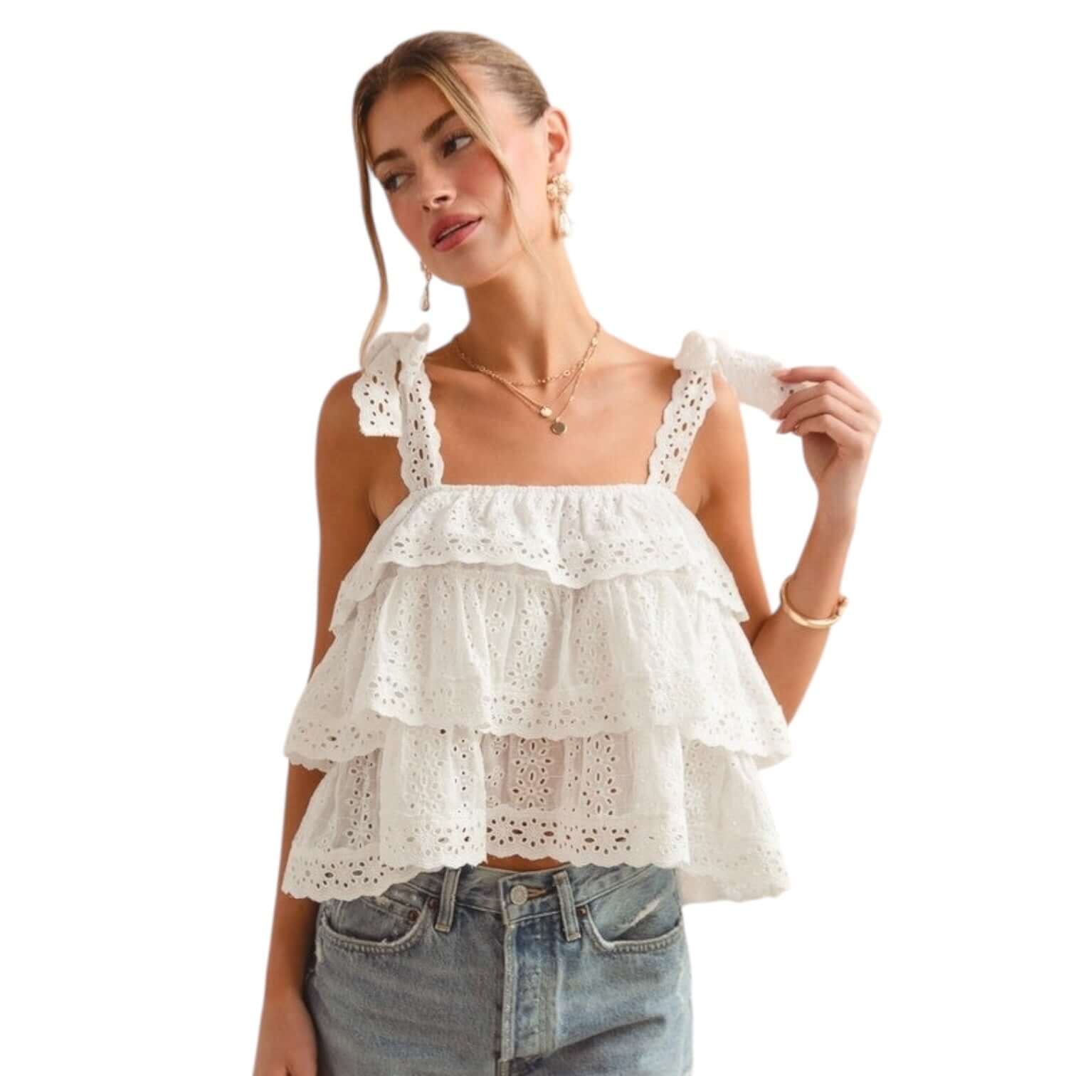 Ruffle Eyelet Tiered Top – Alicia DiMichele Boutique
