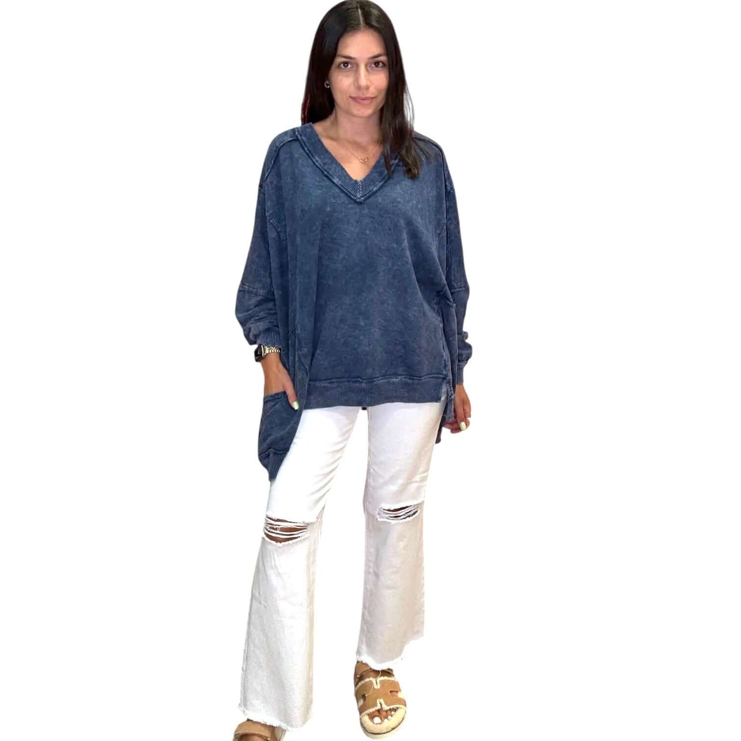 Effortless Mineral Washed Pullover - Navy – Alicia DiMichele Boutique
