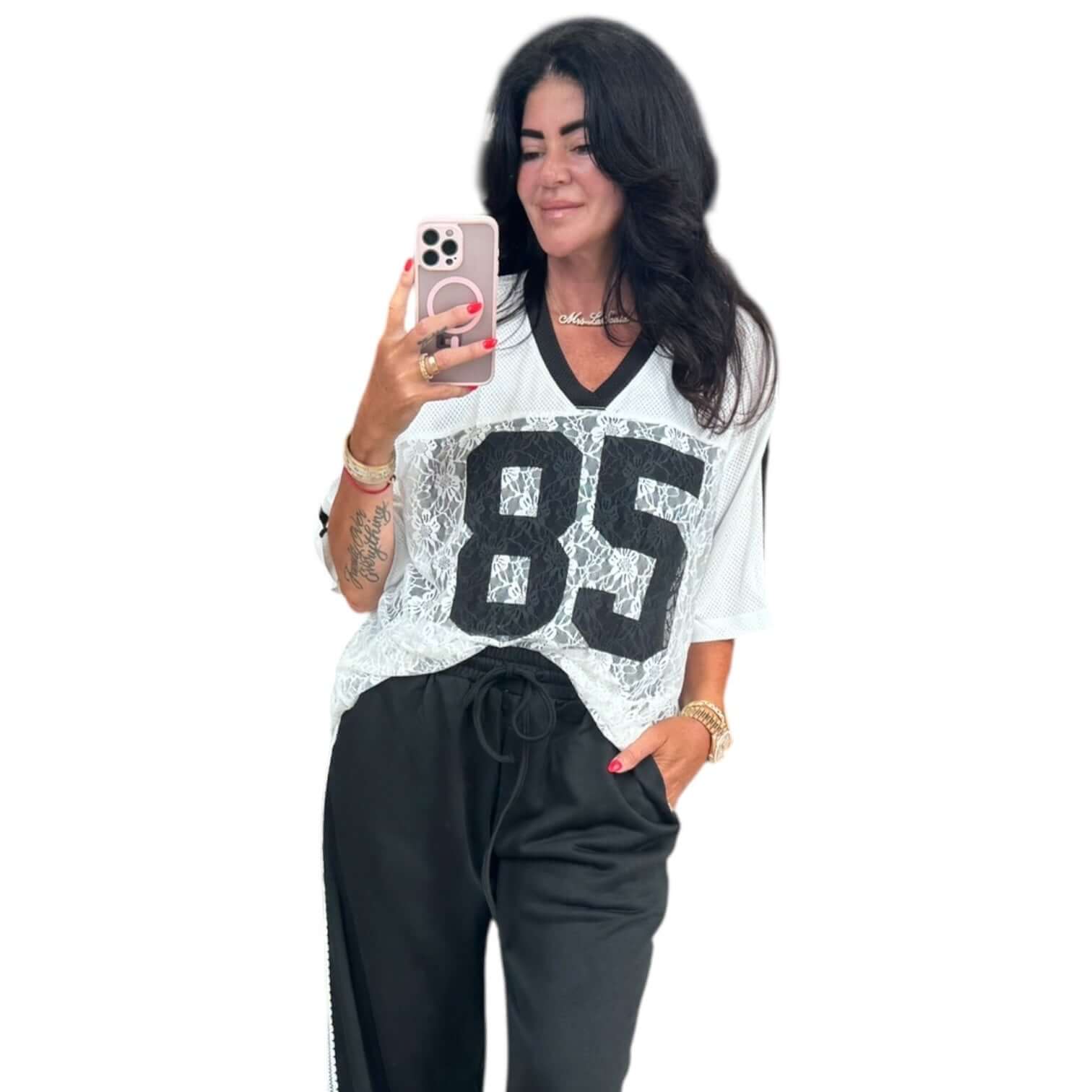 Sporty Chic Graphic Jersey Top – White – Alicia DiMichele Boutique