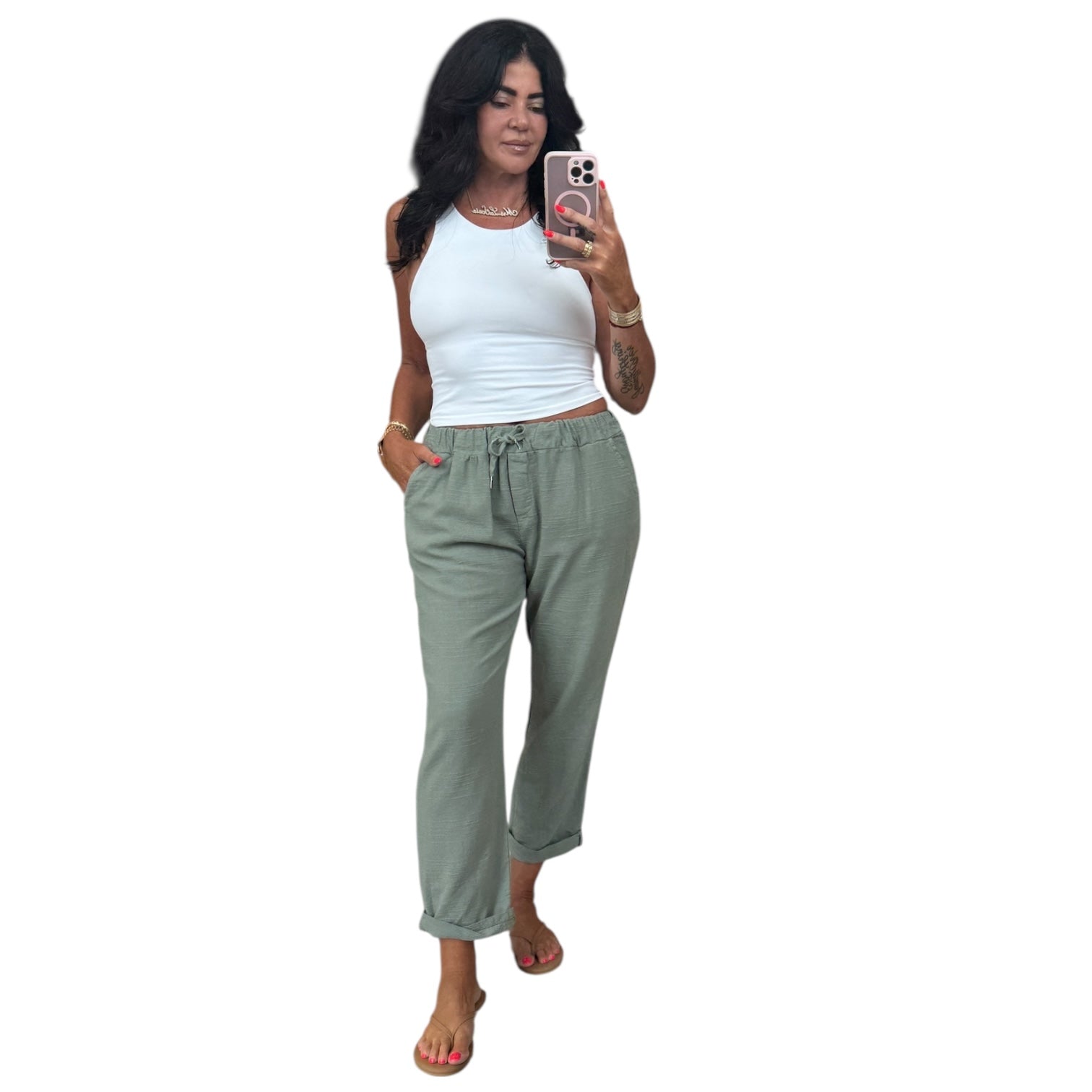 Italian Gauze Cotton Pants – Olive – Alicia DiMichele Boutique
