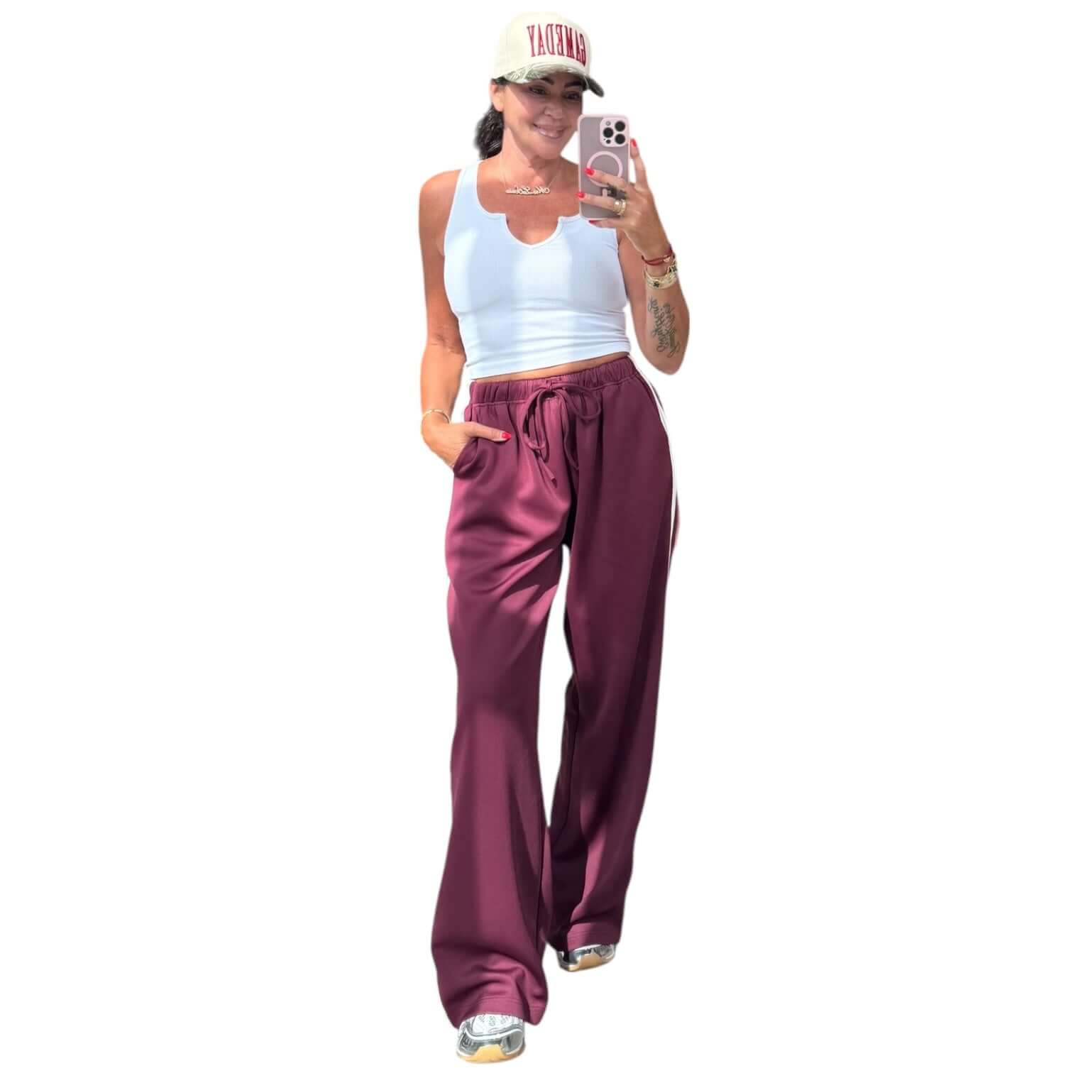 Side Stripe Wide-Leg Track Pants – Maroon – Alicia DiMichele Boutique