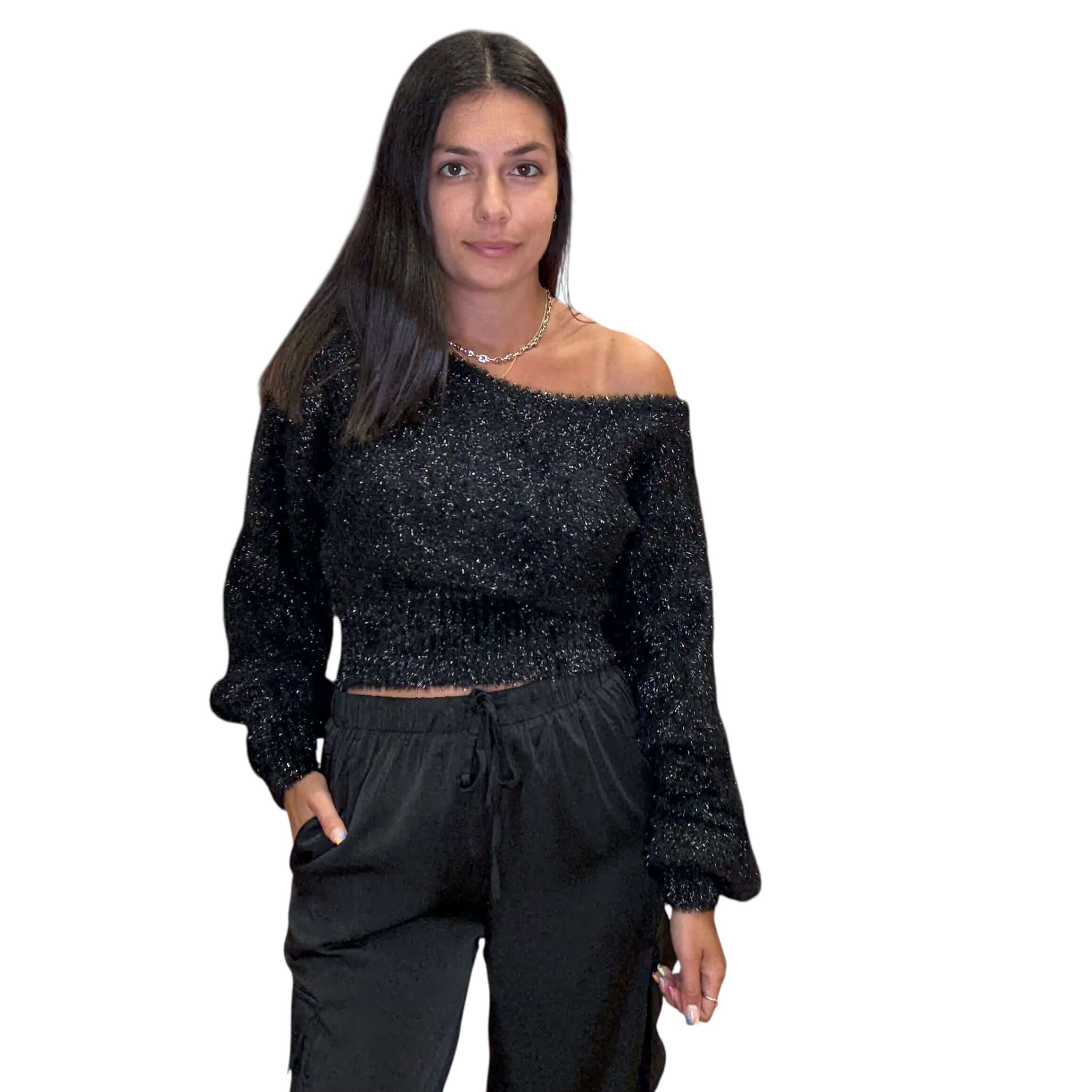 Glitter Knit Off Shoulder Pullover – Alicia DiMichele Boutique