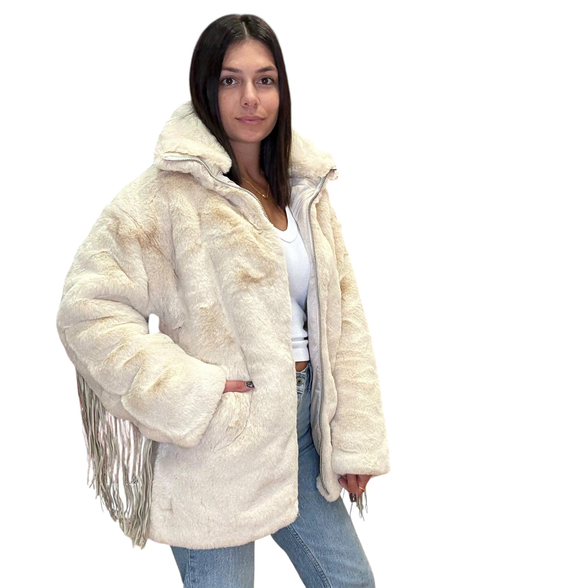 Moonlight Spell Fringe Jacket – Vanilla Bean Faux Fur Coat 
