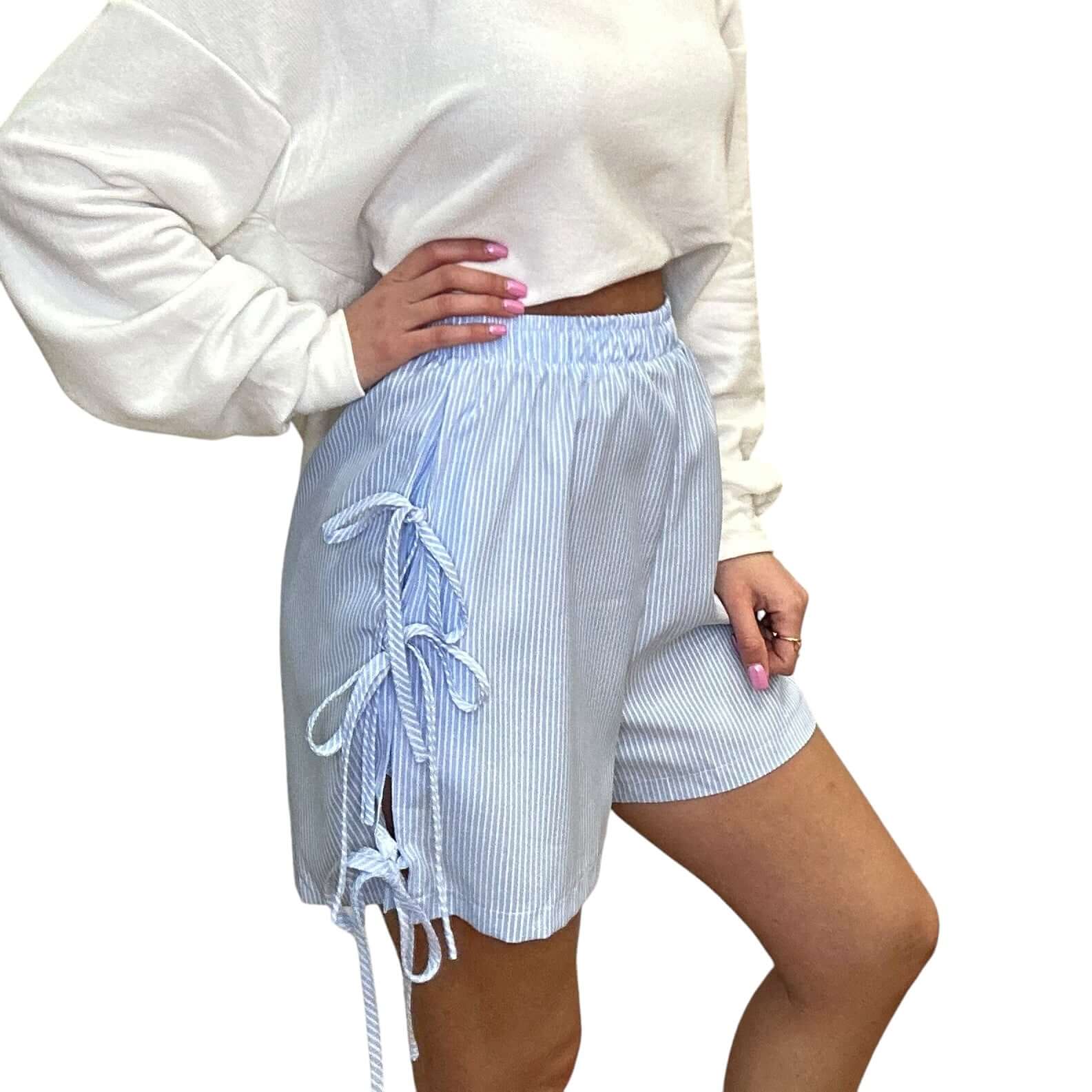 Side Tie Bow Shorts - Blue – Alicia DiMichele Boutique