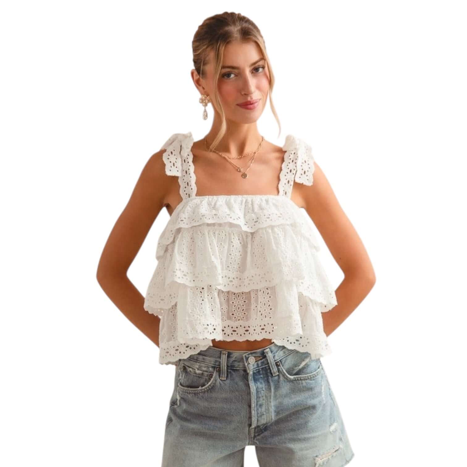 Ruffle Eyelet Tiered Top – Alicia DiMichele Boutique