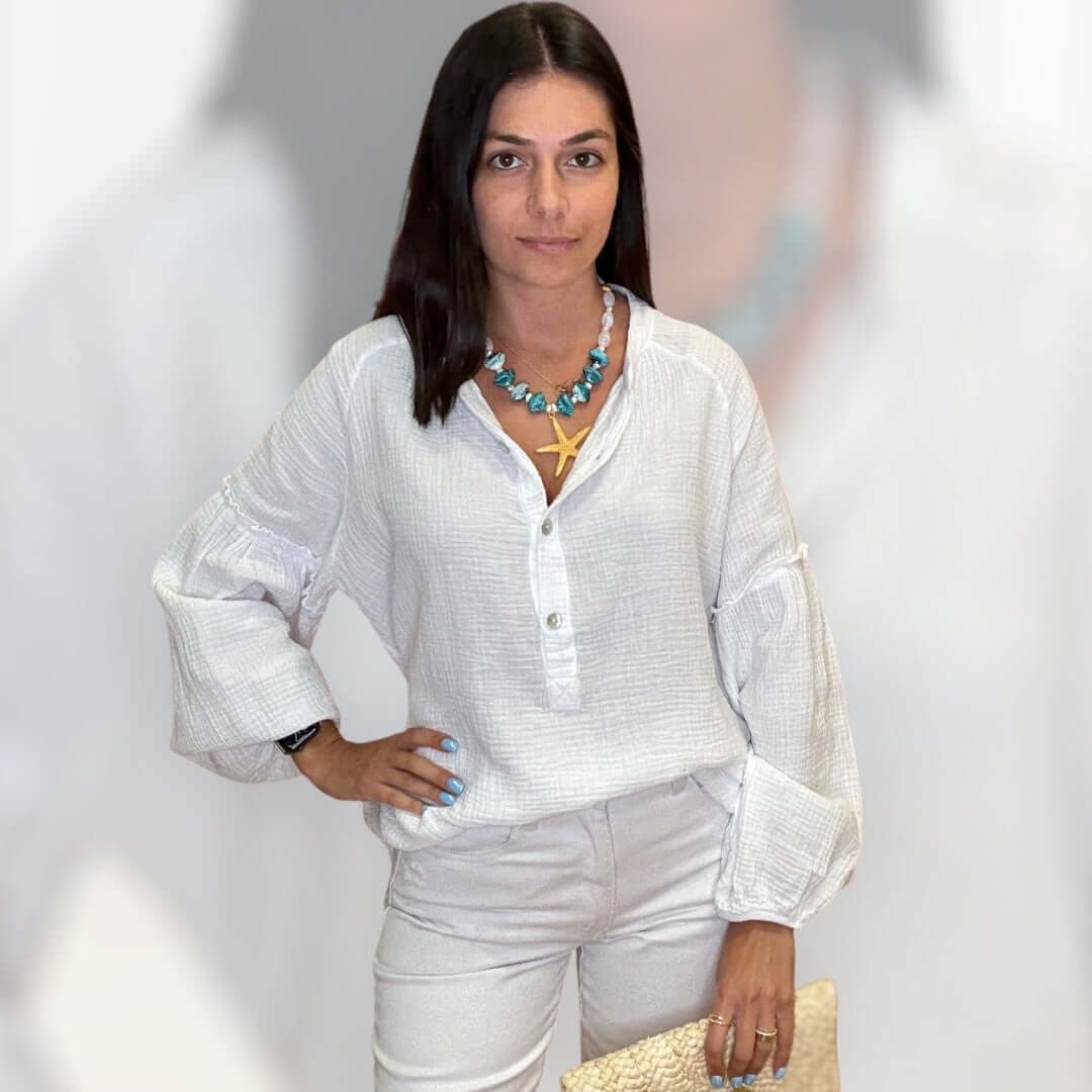 Gauze Long Sleeve Shirt – White – Alicia DiMichele Boutique