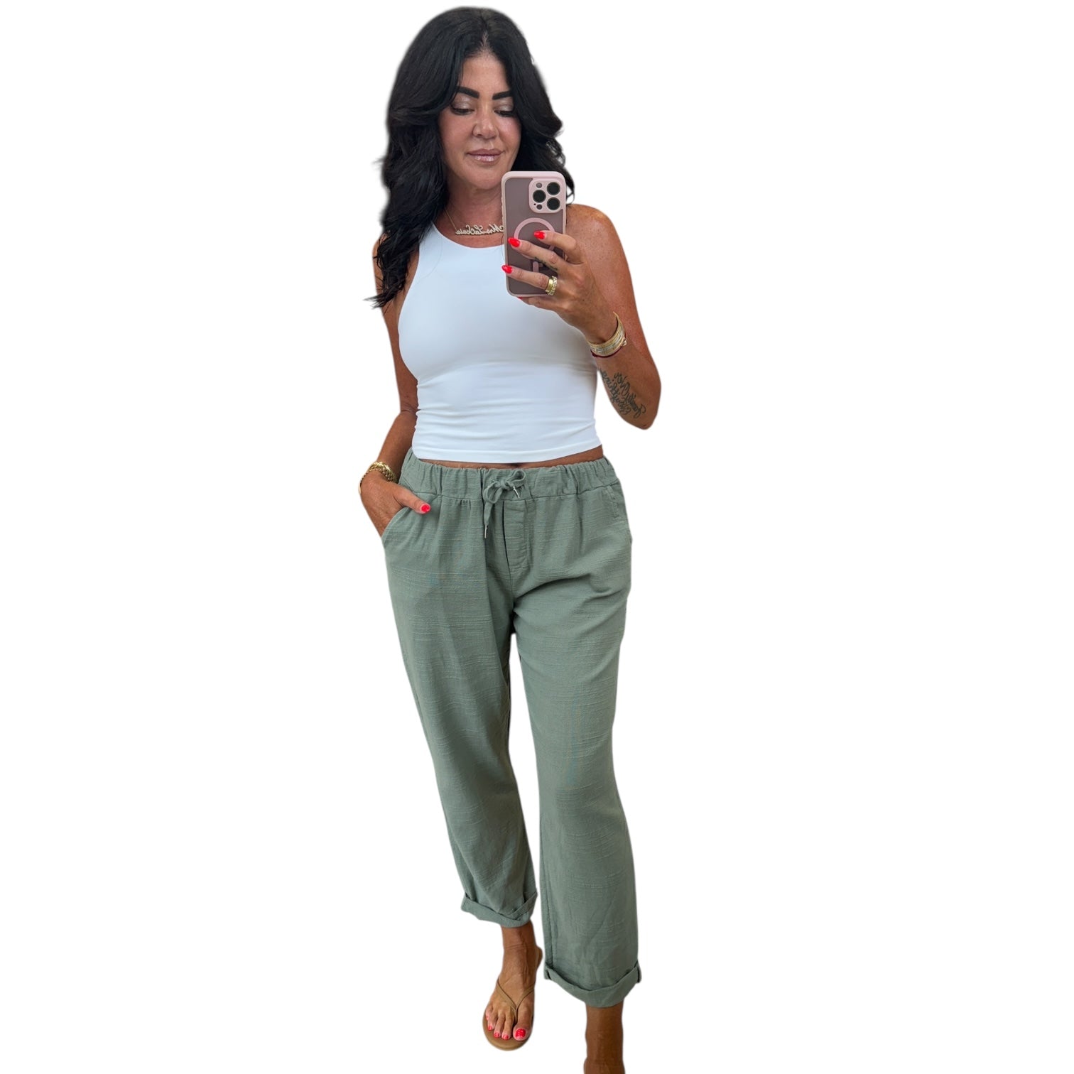Italian Gauze Cotton Pants – Olive – Alicia DiMichele Boutique
