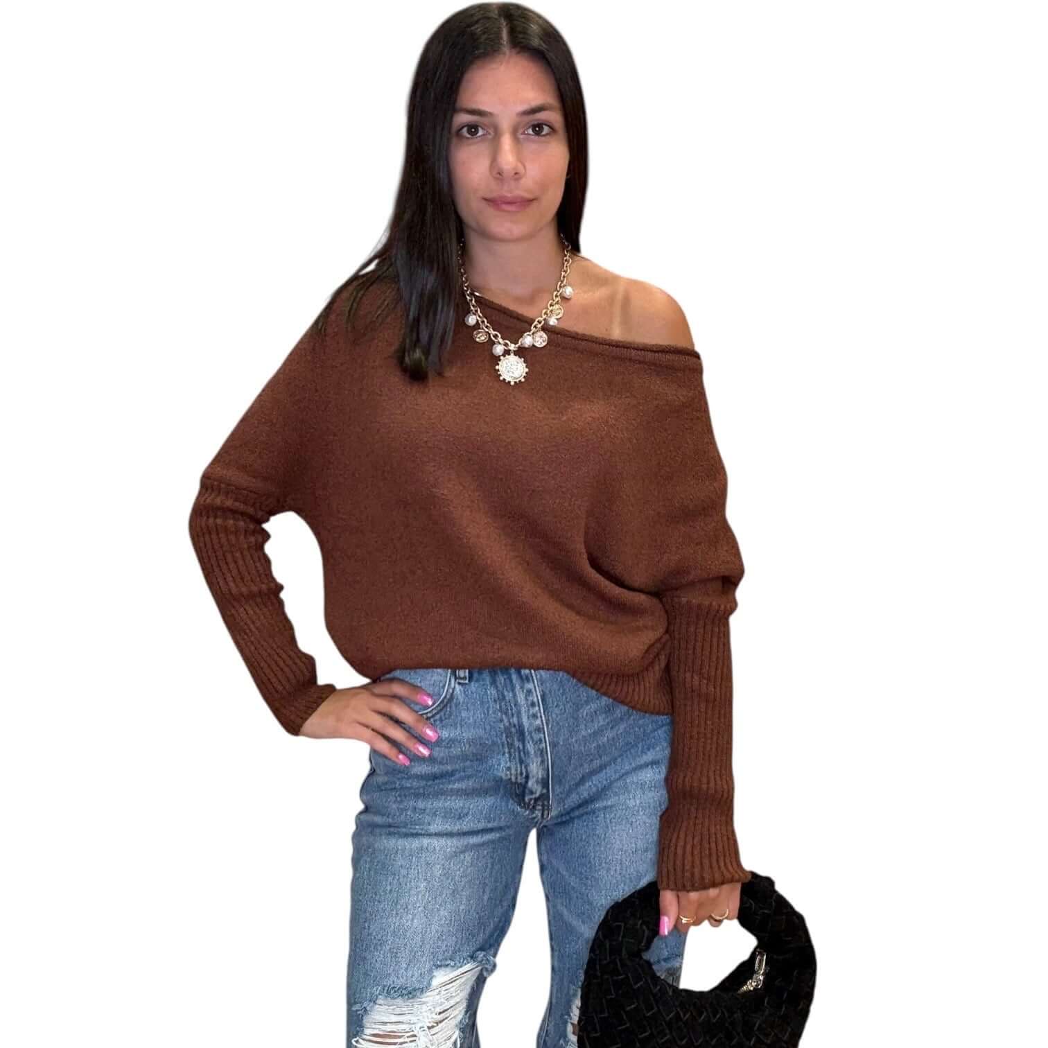 Off Shoulder Boatneck Sweater – Brown – Alicia DiMichele Boutique