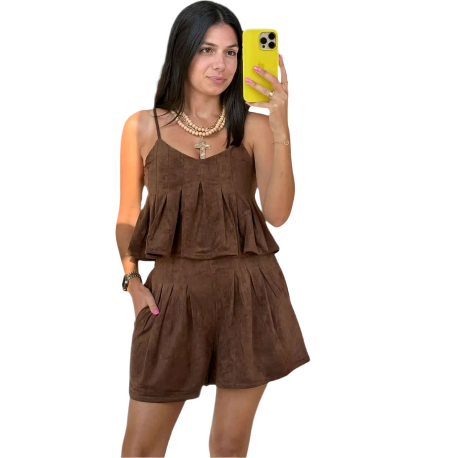 Suede Pleated Shorts Set – Brown – Alicia DiMichele Boutique