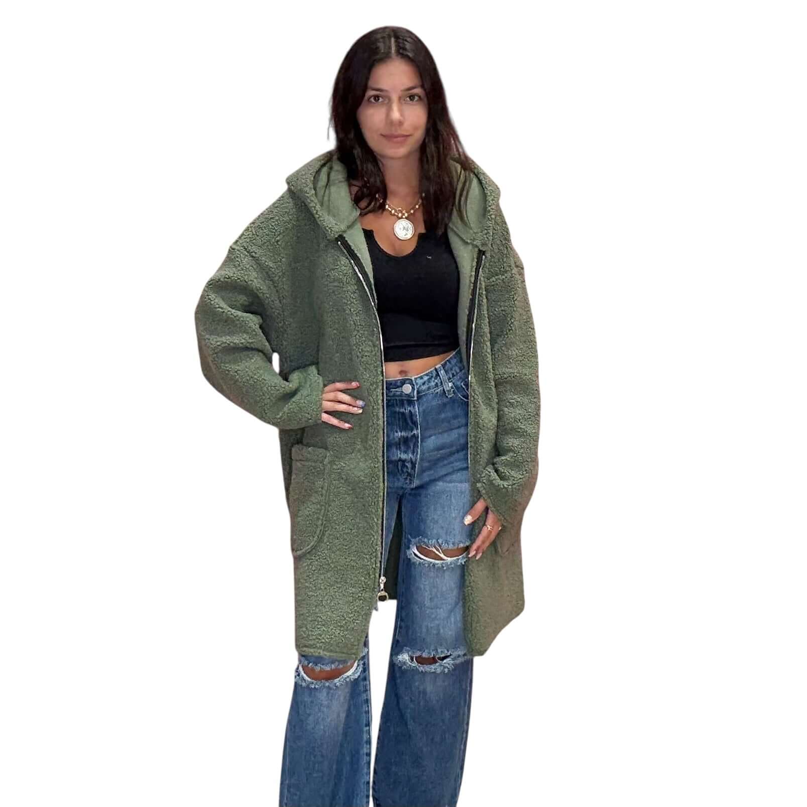 Italian Plush Teddy Long Coat - Olive – Alicia DiMichele Boutique