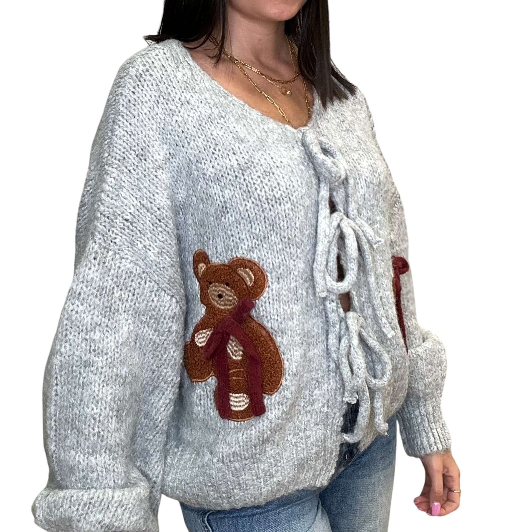 Bow Detailed Teddy Bear Cardigan - Grey – Alicia DiMichele Boutique
