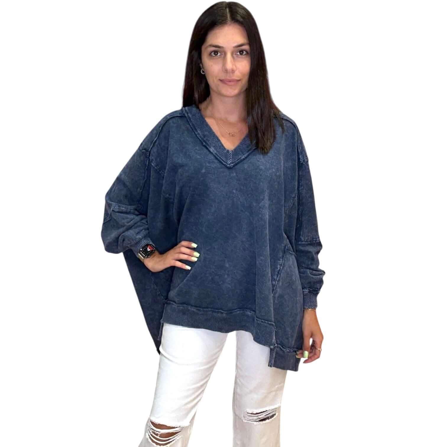 Effortless Mineral Washed Pullover - Navy – Alicia DiMichele Boutique
