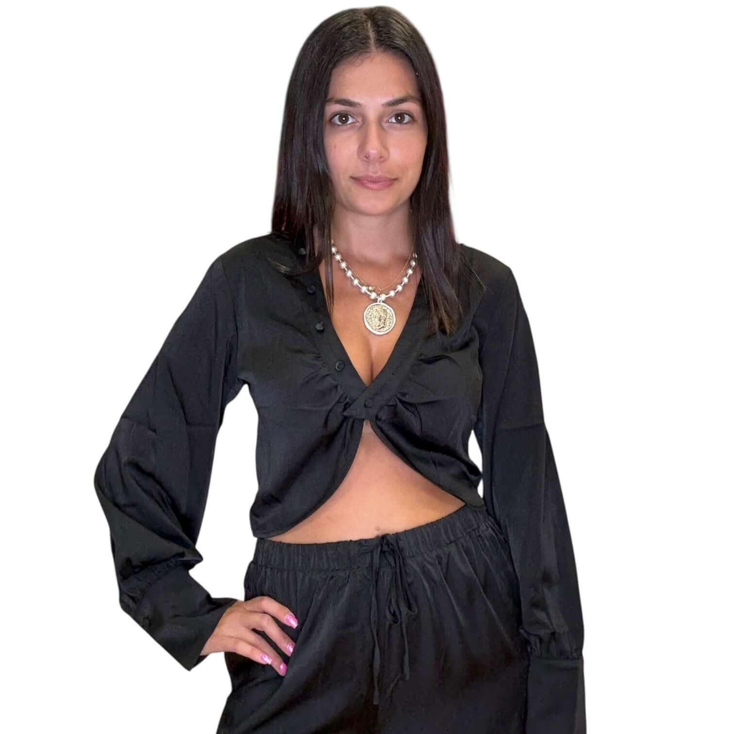 Satin V-Neck Cropped Blouse – Alicia DiMichele Boutique