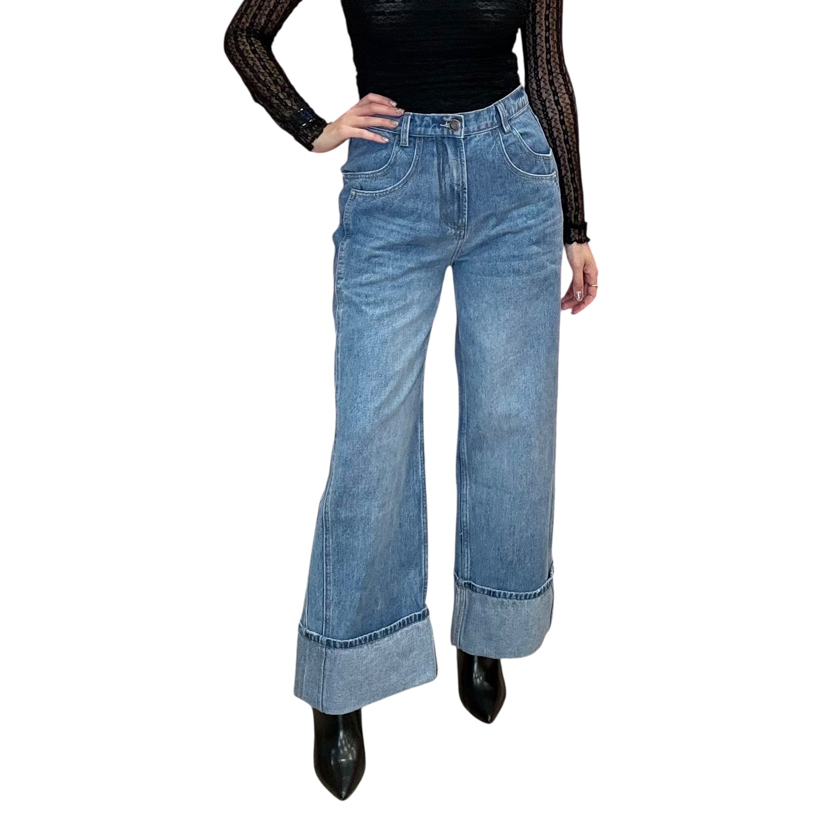 Drift Blue Cuffed Wide Leg Denim | Vintage Wash Jeans – Alicia