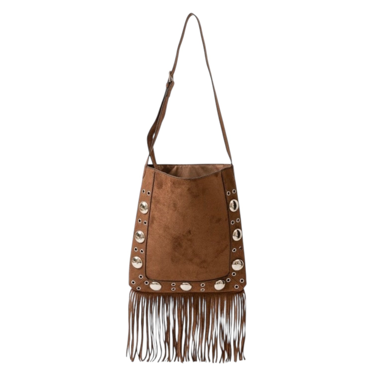 Positano Fringe Tote Bag – Suede Brown Grommet Accent – Alicia