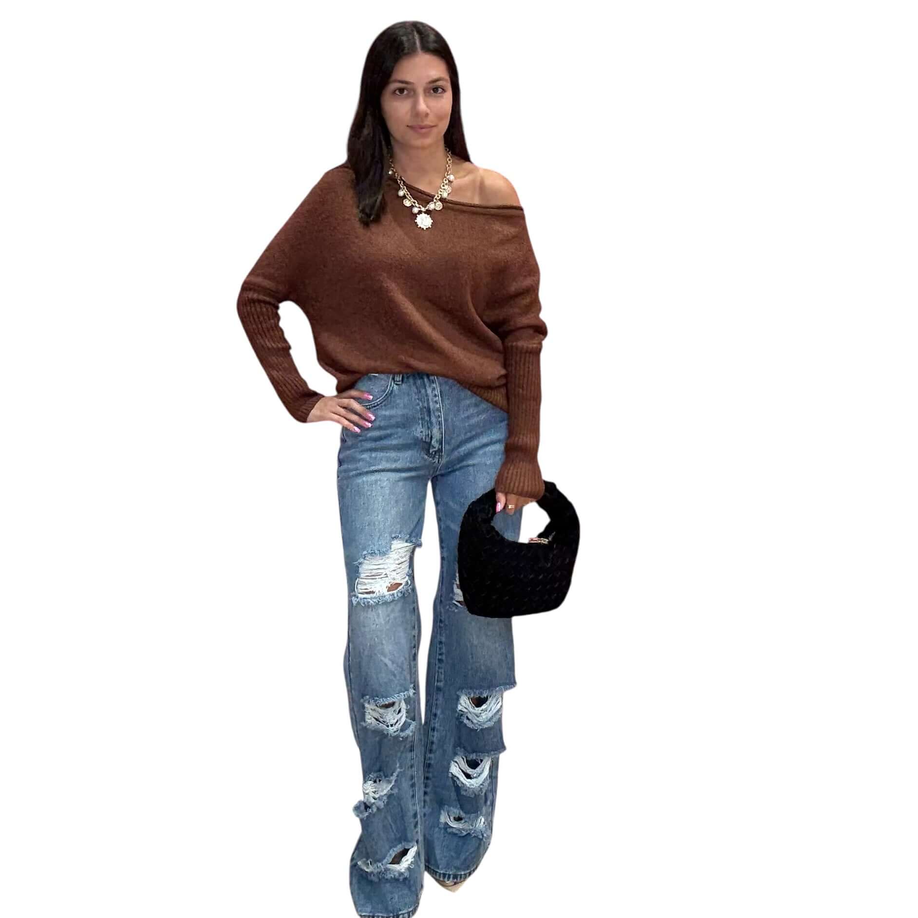 Off Shoulder Boatneck Sweater – Brown – Alicia DiMichele Boutique