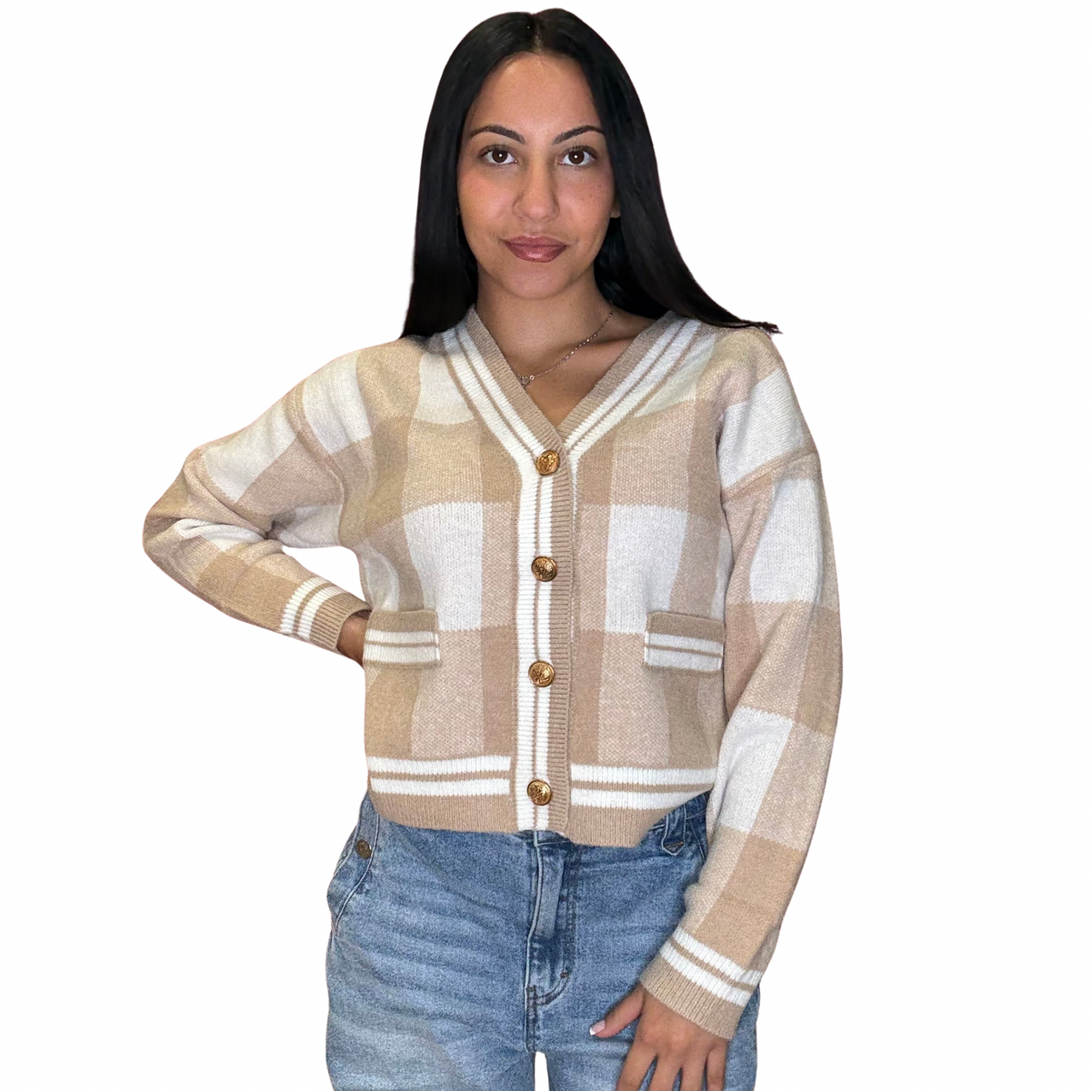 Checkered Beige Cardigan – Long Sleeve Cozy Plaid Sweater for