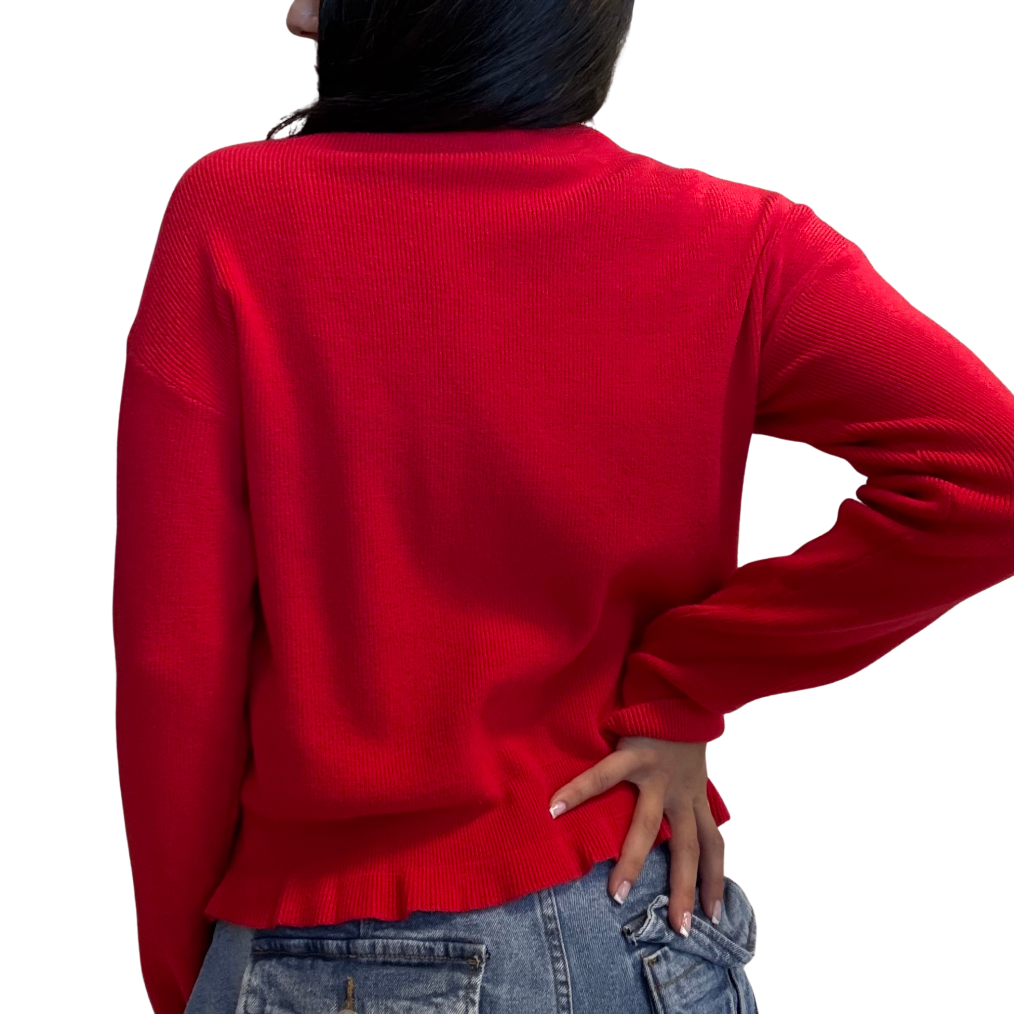 Person wearing a red sweater and blue jeans on a white background