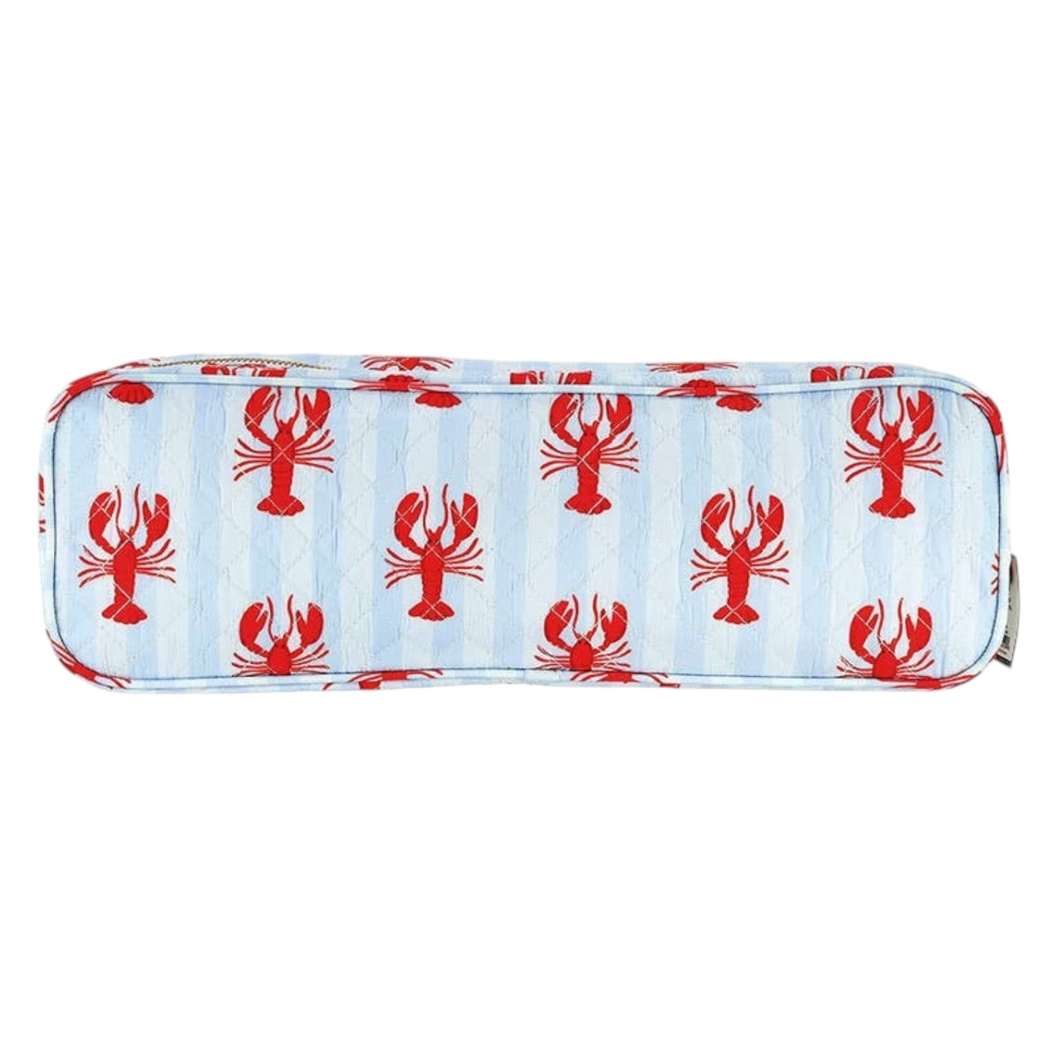 Pouch with red lobster pattern on a light blue striped background