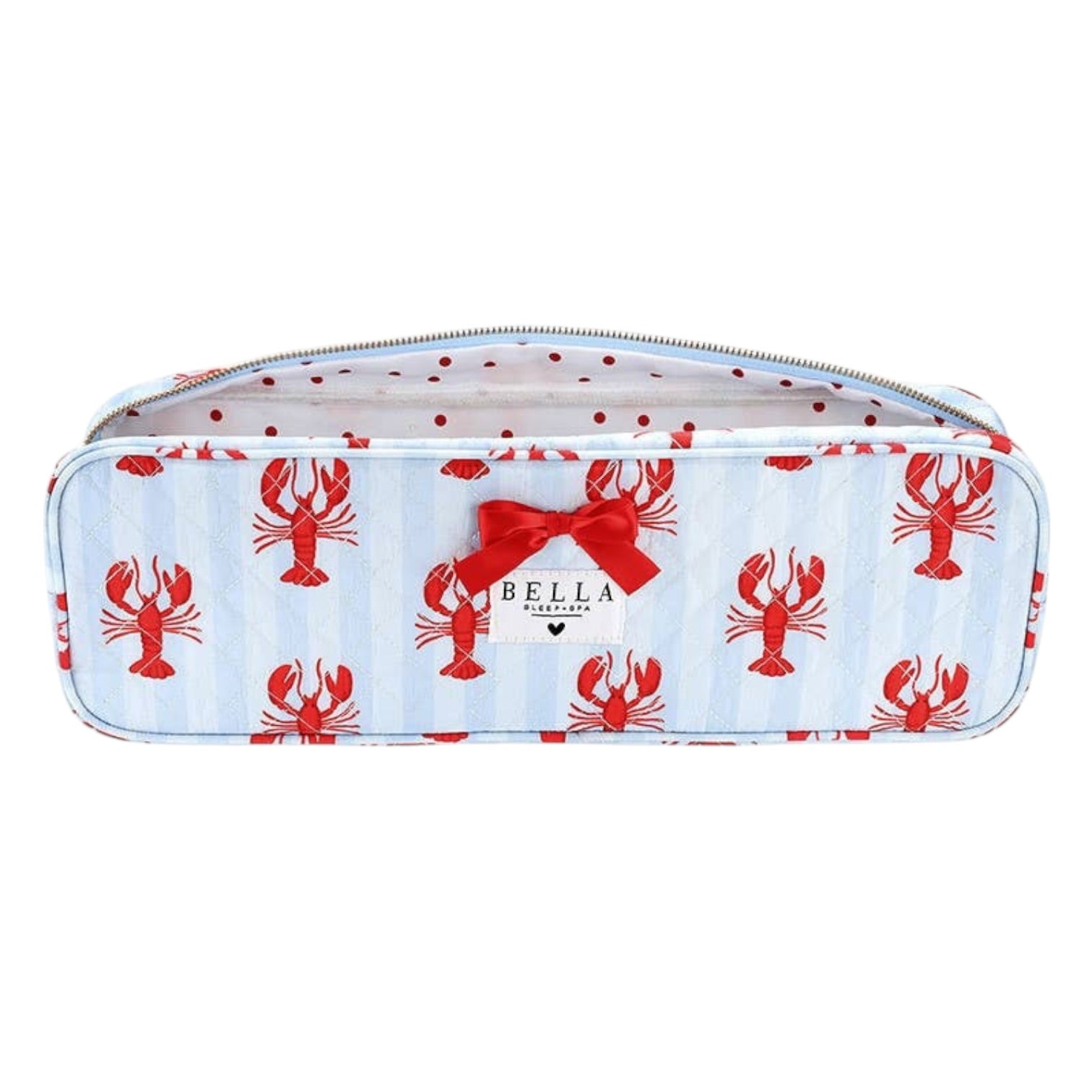 Pencil case with red lobster pattern and Bella branding on a white background