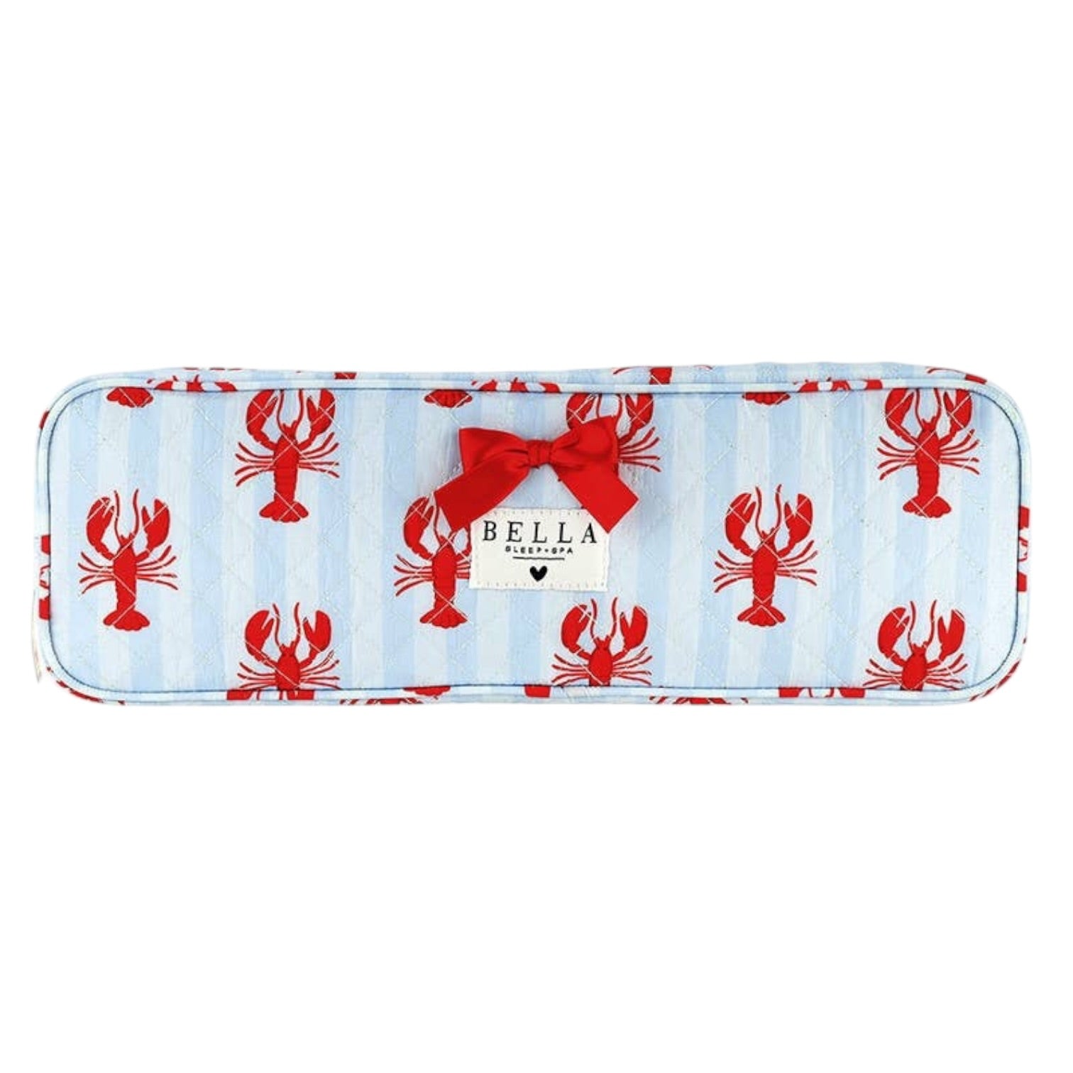 Rectangular pouch with red lobster pattern and a bow on a white background