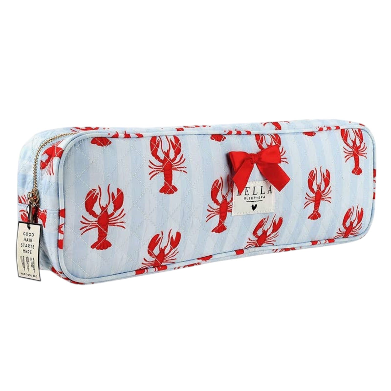 Pouch with red lobster pattern and visible brand logo on a white background
