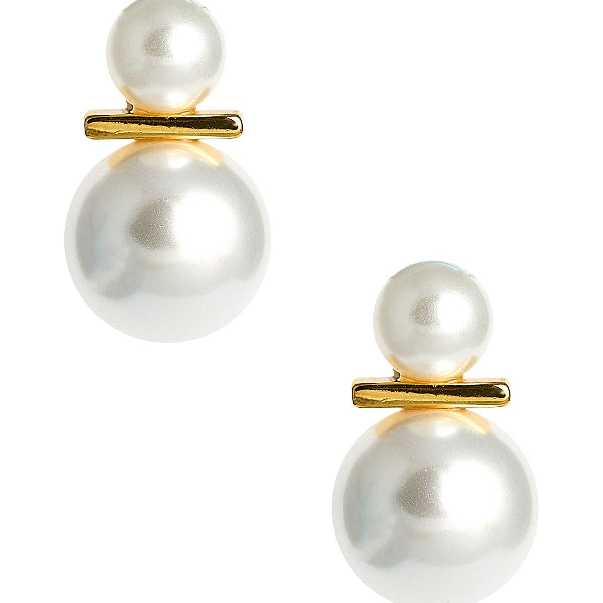 Pair of pearl earrings with gold bars on a white background