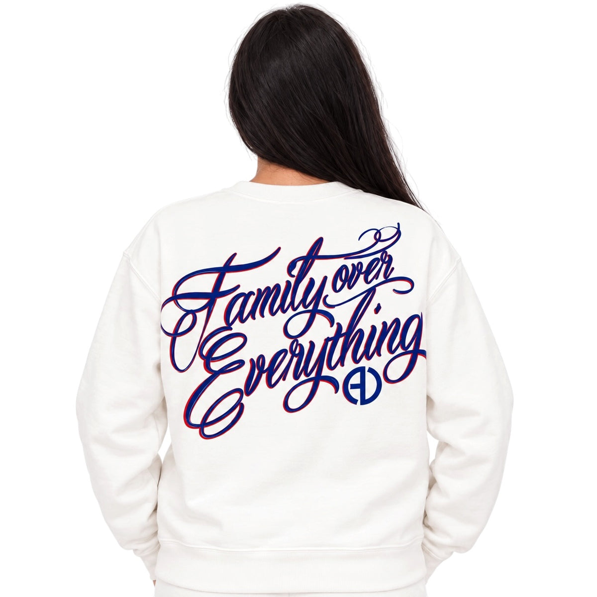 A person viewed from the back wearing a white sweatshirt with a large purple and blue script graphic reading 'Family over Everything' across the back.