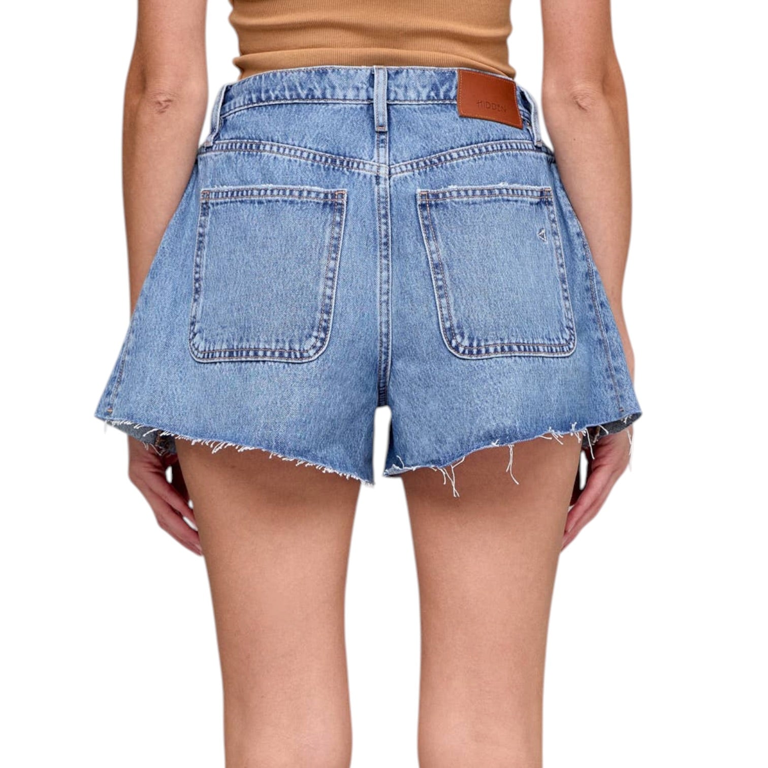 Denim shorts with a visible brand label on a white background