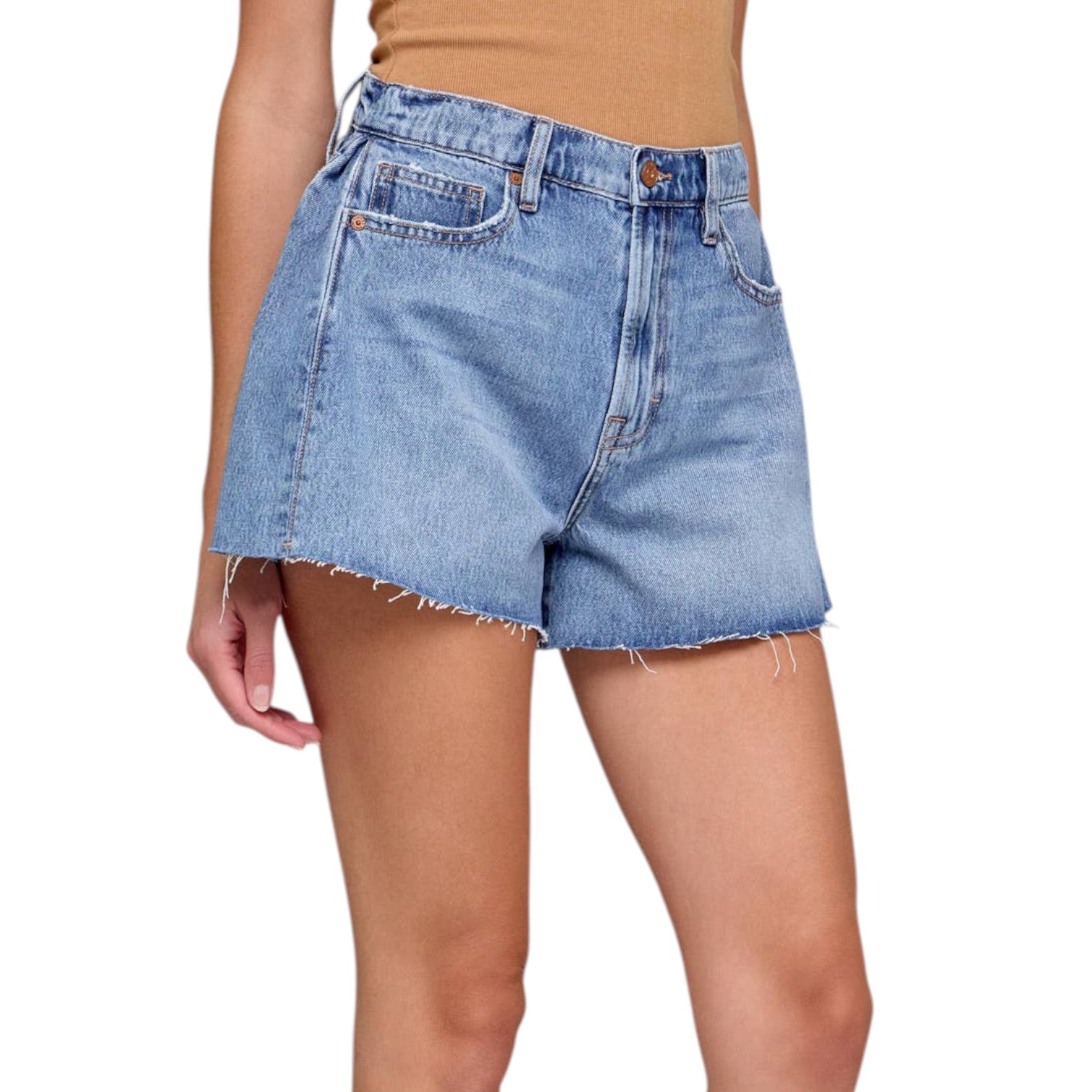 Blue denim shorts worn by a person on a white background