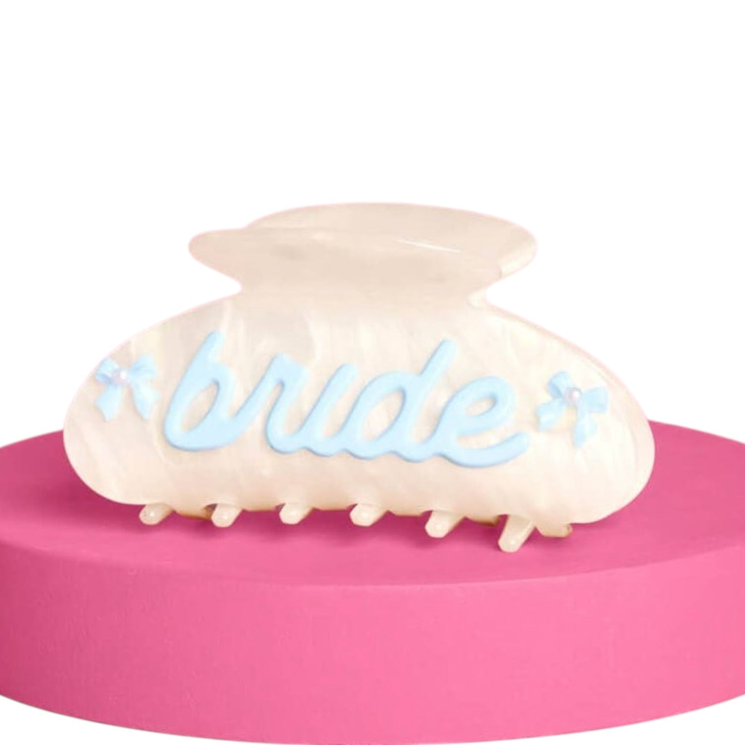 Hair clip with 'bride' text on a pink base