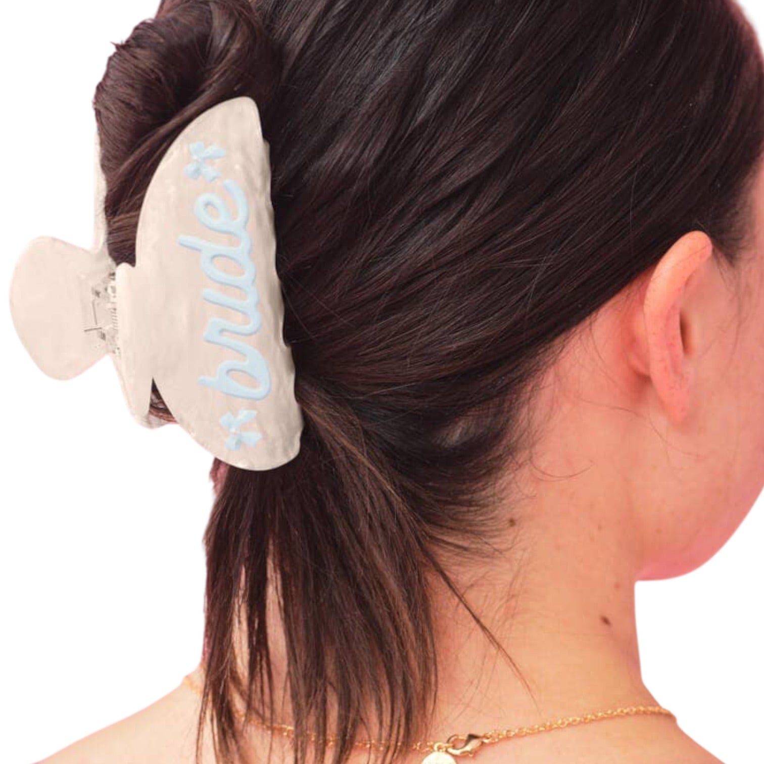 Beige hair scrunchie with 'bridesmaid' text on a white background